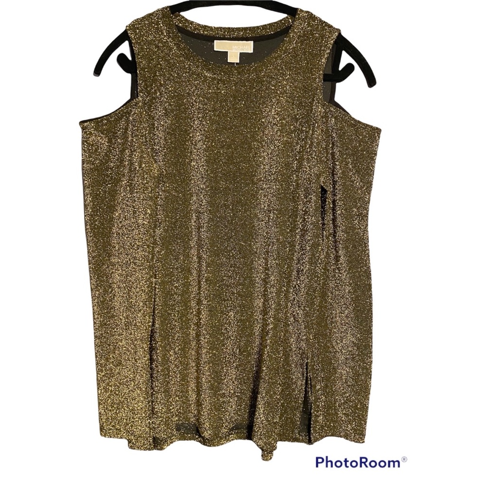 Shimmery Metallic Gold Glittery Cold Shoulder Long Sleeve Textured Stretchy Top